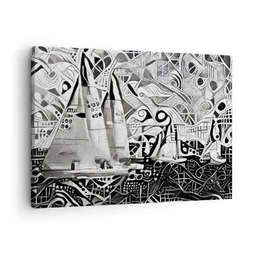 Impression sur toile - Image sur toile - Voiliers abstraits dans une composition monochrome - 70x50cm - Entre les vagues - Décoration murale moderne pour le salon et la chambre ARTTOR