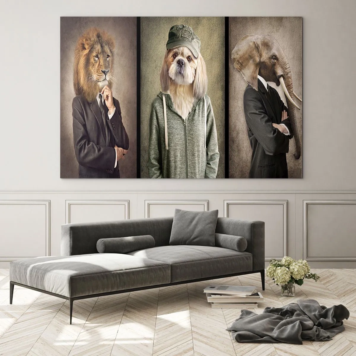 Impression sur verre - Image sur verre - Trois animaux aux styles variés, de l'élégant au décontracté - 100x70cm - je préfère plus détendu - Décoration murale moderne pour le salon et la chambre ARTTOR