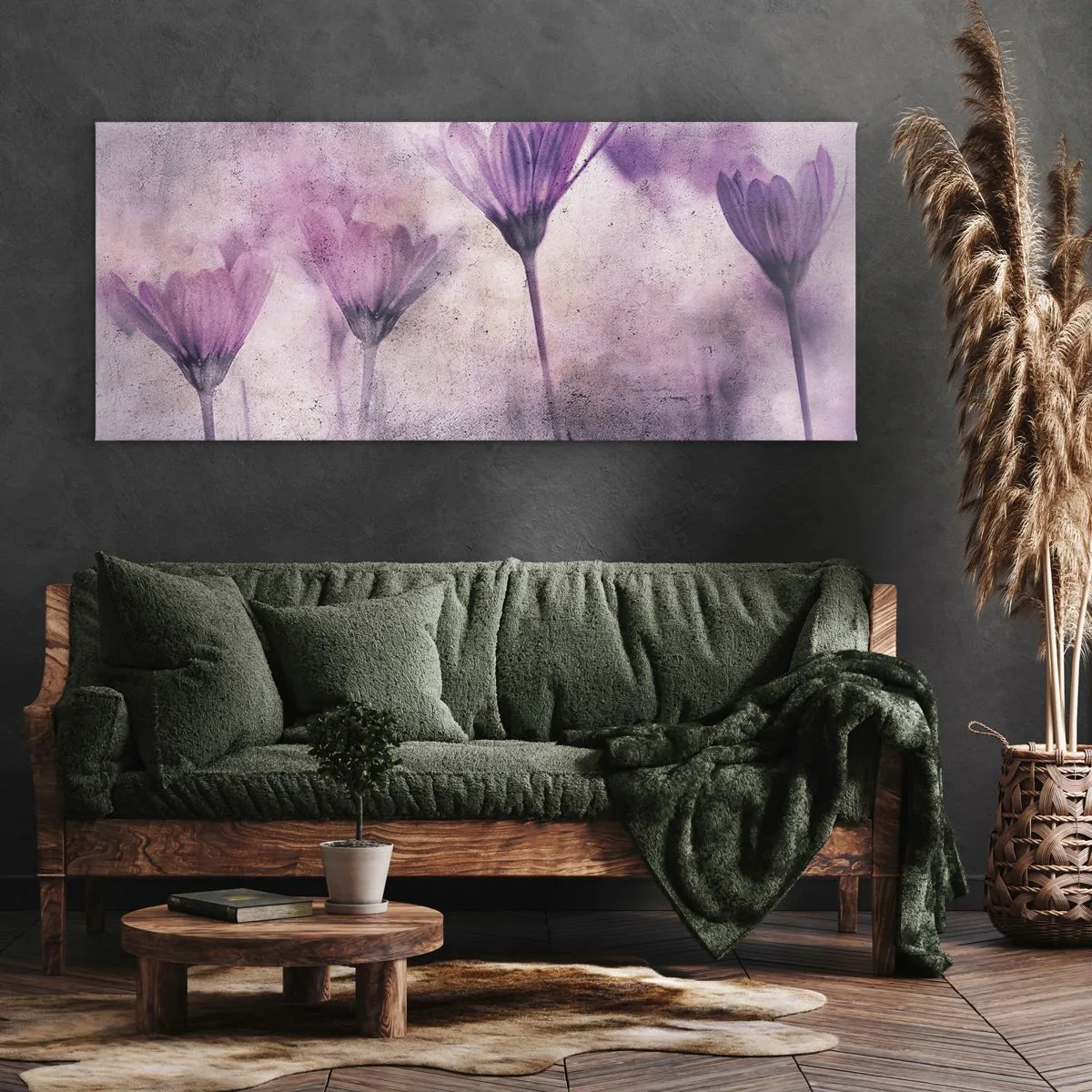 Impression sur toile - Image sur toile - Fleurs délicates dans des tons violets sur fond clair - 160x50cm - Rêve de fleurs - Décoration murale moderne pour le salon et la chambre ARTTOR