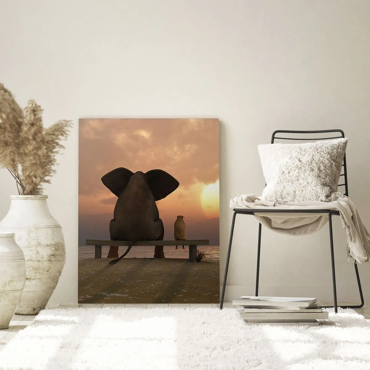 Impression sur verre - Image sur verre - Un éléphant et un chien sont assis sur un banc sur la plage au coucher du soleil. - 80x120cm - C'est bon de garder le silence ensemble - Décoration murale moderne pour le salon et la chambre ARTTOR