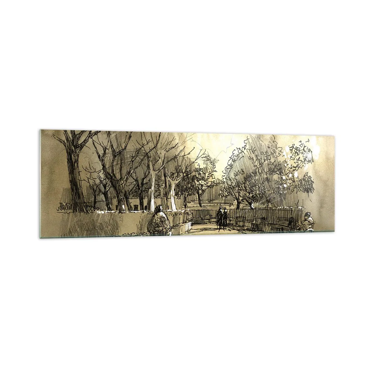 Impression sur verre - Image sur verre - Une scène de dessin animé d'un parc avec des gens marchant dans des tons chauds. - 160x50cm - Un moment arrêté avec une plume - Décoration murale moderne pour le salon et la chambre ARTTOR