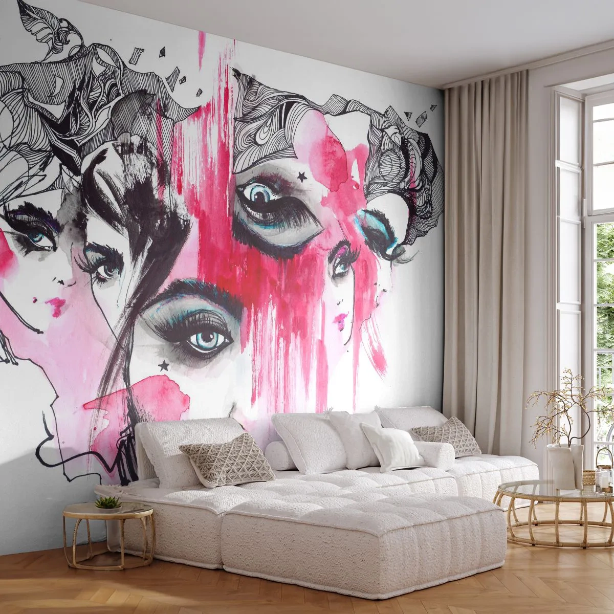 Papier Peint Photo Premium Sand - Un visage de femme dans une composition expressive à l'aquarelle et au croquis - 100x70cm - Yeux abstraits - Décoration murale moderne pour le salon et la chambre ARTTOR