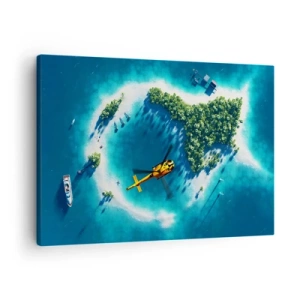 Impression sur toile - Image sur toile - Une île tropicale entourée d'eau turquoise avec un hélicoptère en vue - 70x50cm - Achetez-vous une île - Décoration murale moderne pour le salon et la chambre ARTTOR