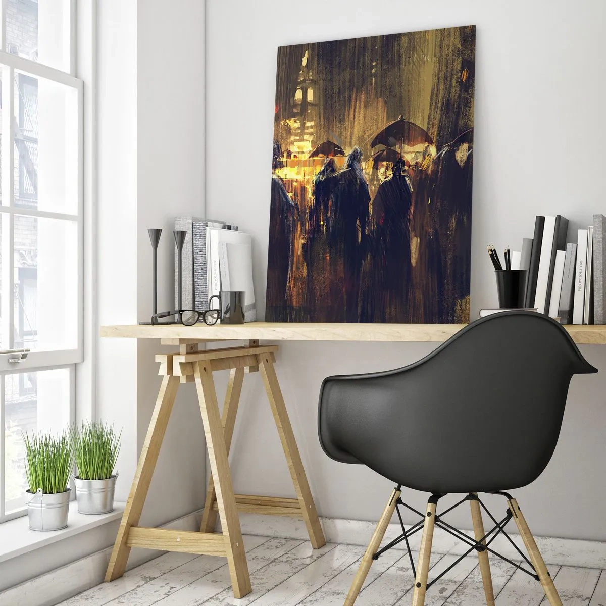 Impression sur verre - Image sur verre - Personnages avec des parapluies dans une ville pluvieuse la nuit - 70x100cm - Adeptes de la pluie - Décoration murale moderne pour le salon et la chambre ARTTOR