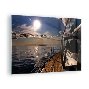 Impression sur verre - Image sur verre - Une croisière en voilier vers le coucher du soleil - 70x50cm - Naviguer vers le soleil - Décoration murale moderne pour le salon et la chambre ARTTOR