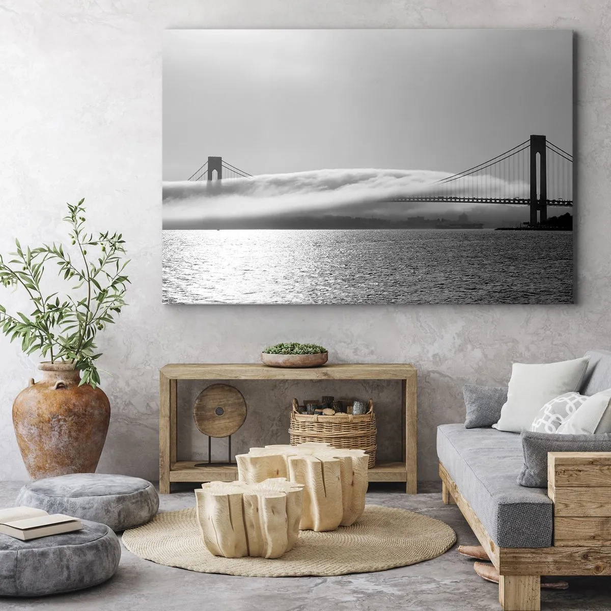 Impression sur toile - Image sur toile - Un pont sur l'eau enveloppé de brouillard dans une photo en noir et blanc - 100x70cm - Naviguez à travers les Portes des Étoiles - Décoration murale moderne pour le salon et la chambre ARTTOR