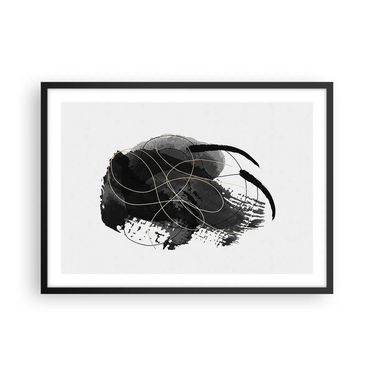 Affiche dans un cadre noir - Poster - Abstraction en noir et or sur fond blanc - 70x50cm - Fait de noir - Décoration murale moderne pour le salon et la chambre ARTTOR