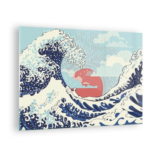 Impression sur verre - Image sur verre - Une vague stylisée inspirée de l'art japonais - 70x50cm - D'une inspiration japonnaise - Décoration murale moderne pour le salon et la chambre ARTTOR