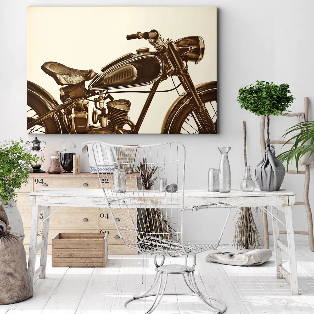 Impression sur toile - Image sur toile - Une moto rétro vintage sur fond clair - 120x80cm - Nostalgie du classique - Décoration murale moderne pour le salon et la chambre ARTTOR