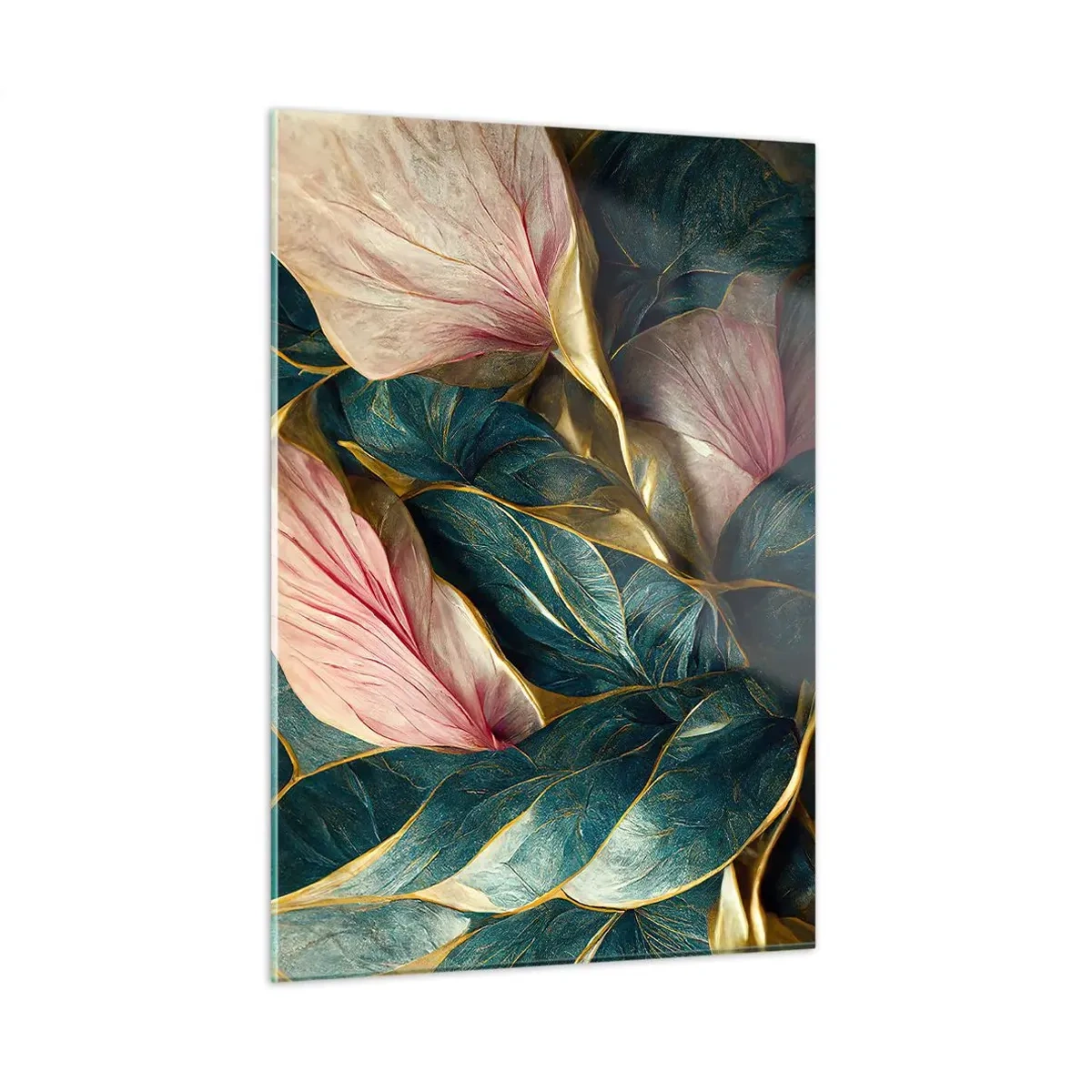 Impression sur verre - Image sur verre - Feuilles vertes et roses avec des accents dorés - 50x70cm - Élégance et style naturels - Décoration murale moderne pour le salon et la chambre ARTTOR