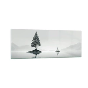 Impression sur verre - Image sur verre - Un paysage minimaliste avec un arbre sur une île et un voilier. - 140x50cm - Un rêve somnolent - Décoration murale moderne pour le salon et la chambre ARTTOR