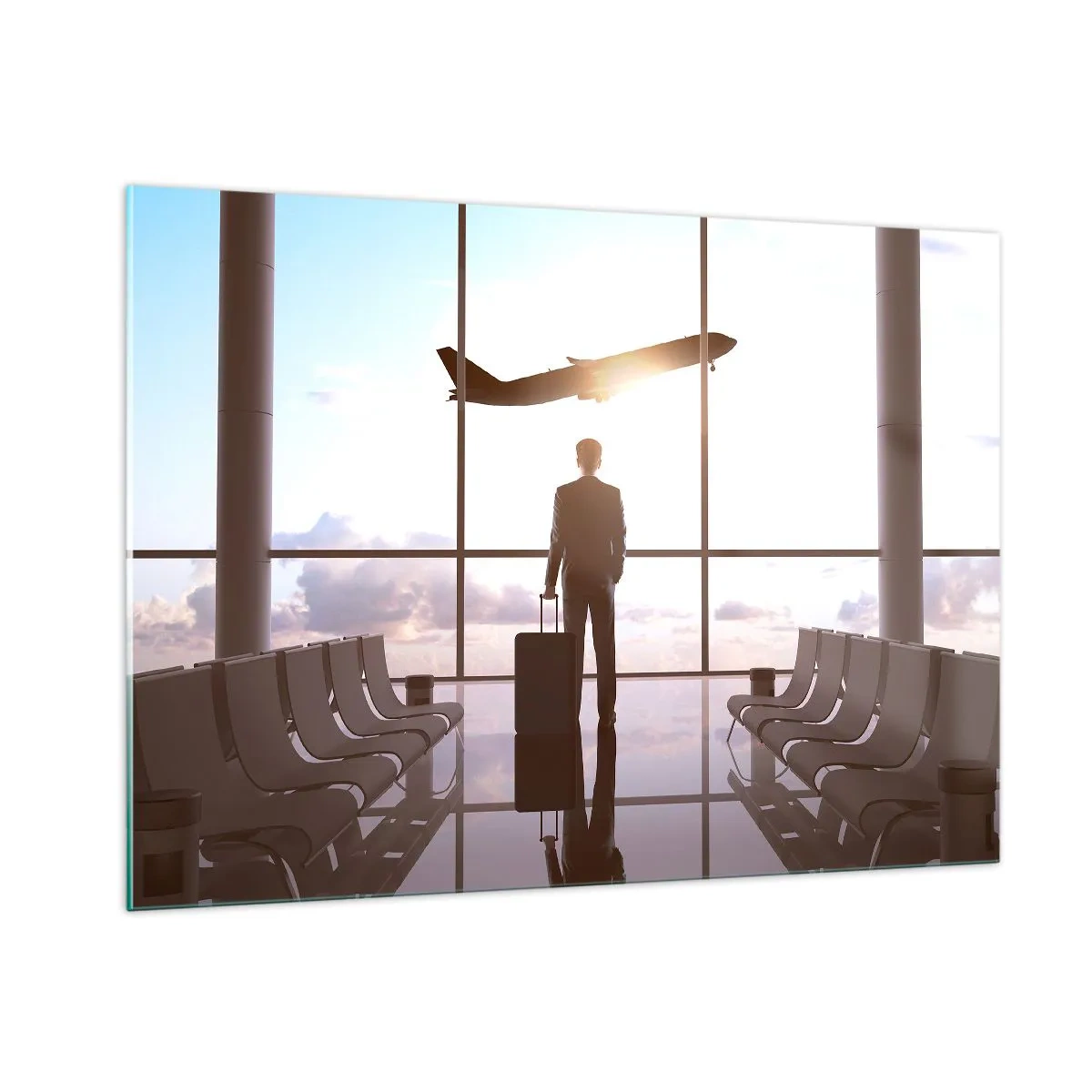 Impression sur verre - Image sur verre - Un homme avec une valise à l'aéroport regardant un avion décoller. - 100x70cm - Vous avez le temps, ralentissez - Décoration murale moderne pour le salon et la chambre ARTTOR