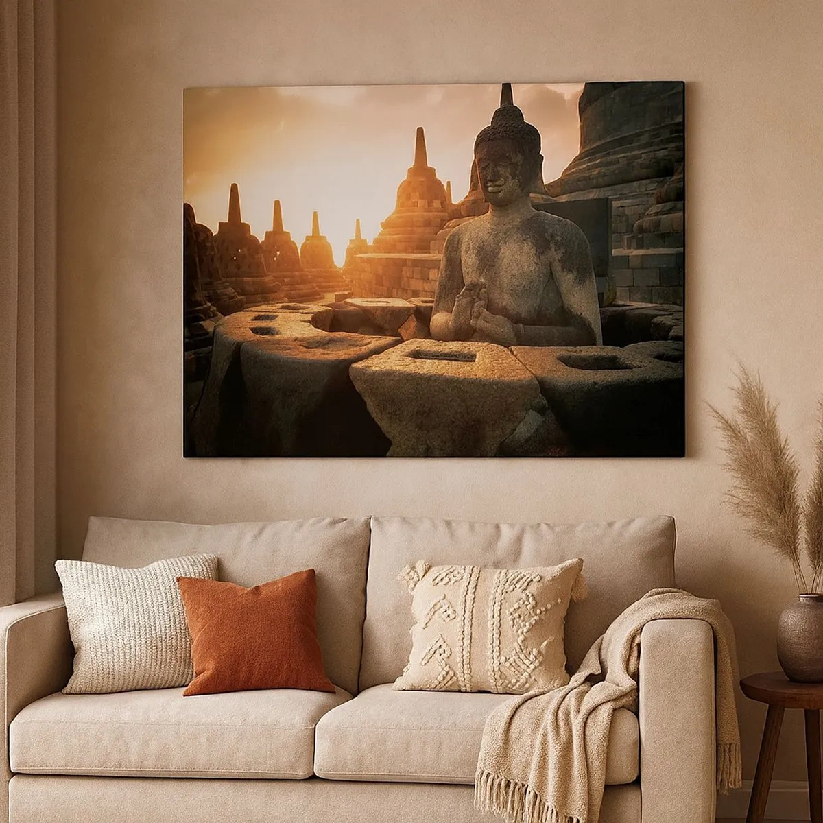 Impression sur toile - Image sur toile - Statue de Bouddha au temple de Borobudur au coucher du soleil - 70x50cm - Temps de grande sagesse - Décoration murale moderne pour le salon et la chambre ARTTOR