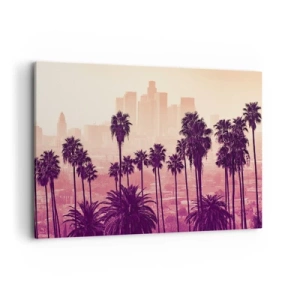Impression sur toile - Image sur toile - Palmiers sur fond de paysage urbain aux couleurs chaudes - 100x70cm - Paysage californien - Décoration murale moderne pour le salon et la chambre ARTTOR
