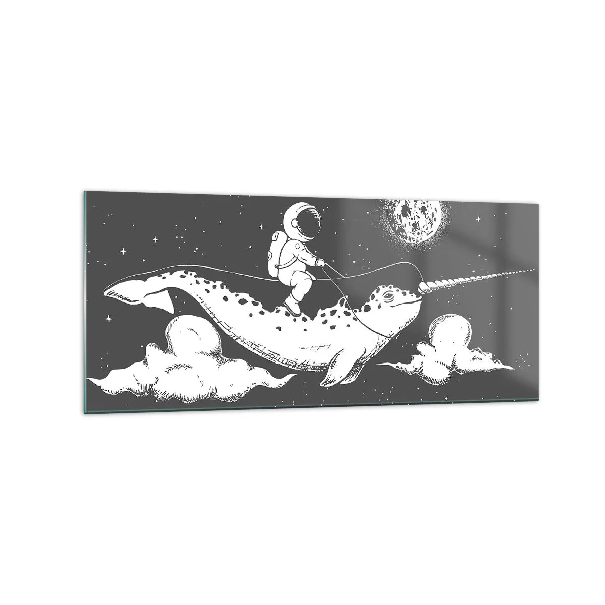 Impression sur verre - Image sur verre - Un astronaute sur le dos d'un narval flottant dans une scène spatiale. - 120x50cm - Cavalier de l'espace - Décoration murale moderne pour le salon et la chambre ARTTOR