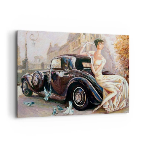 Impression sur toile - Image sur toile - Femme rétro à côté d'une voiture classique - 120x80cm - L'élégance dans un style rétro - Décoration murale moderne pour le salon et la chambre ARTTOR