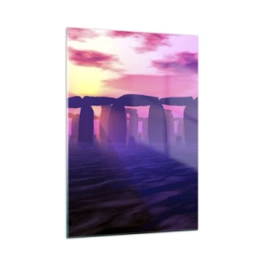 Impression sur verre - Image sur verre - Stonehenge à la lumière d'un coucher de soleil rose - 50x70cm - Mystère à l'aube dans le brouillard - Décoration murale moderne pour le salon et la chambre ARTTOR