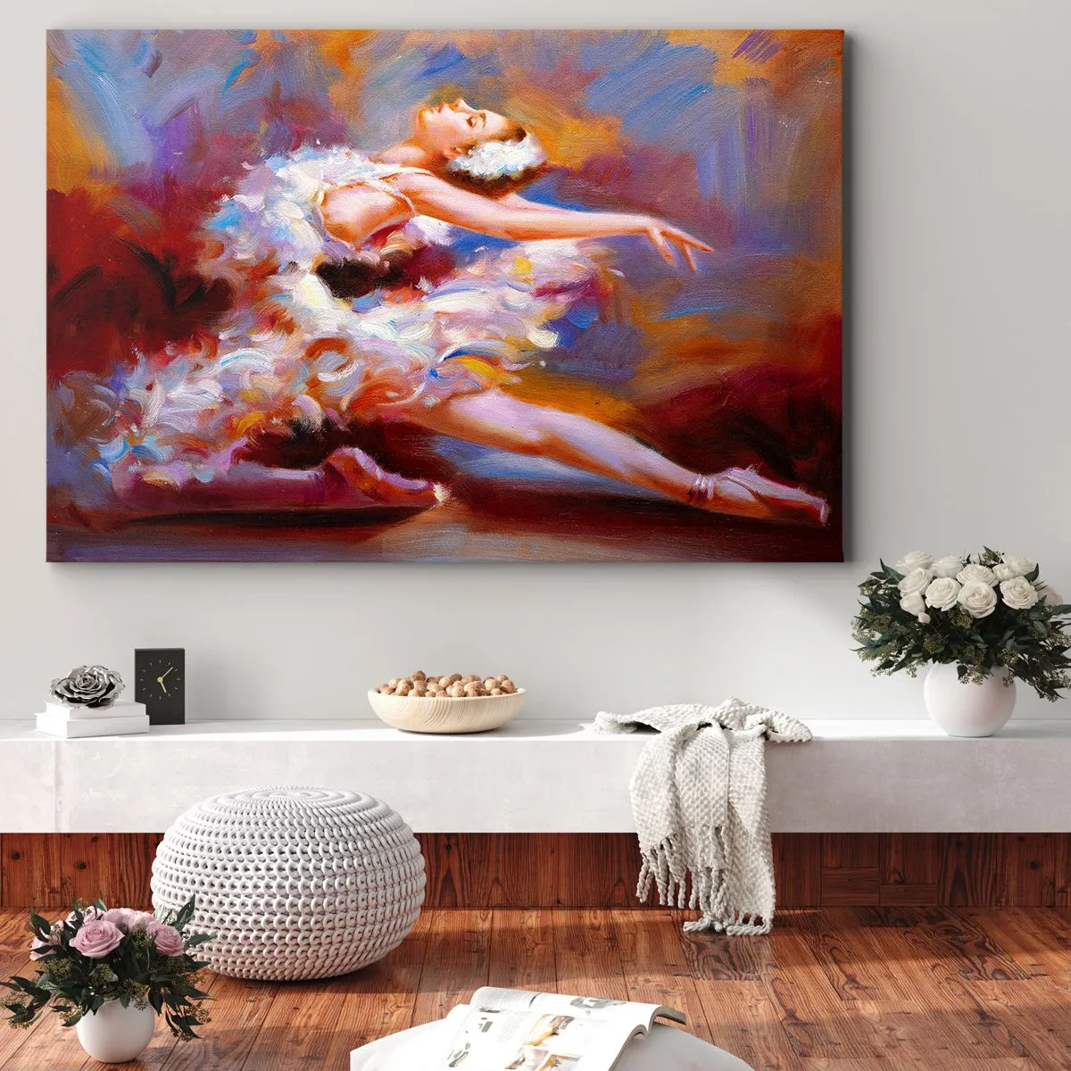 Impression sur toile - Image sur toile - Une ballerine dans une pose dynamique parmi des couleurs pastel. - 70x50cm - La grâce du cygne - Décoration murale moderne pour le salon et la chambre ARTTOR