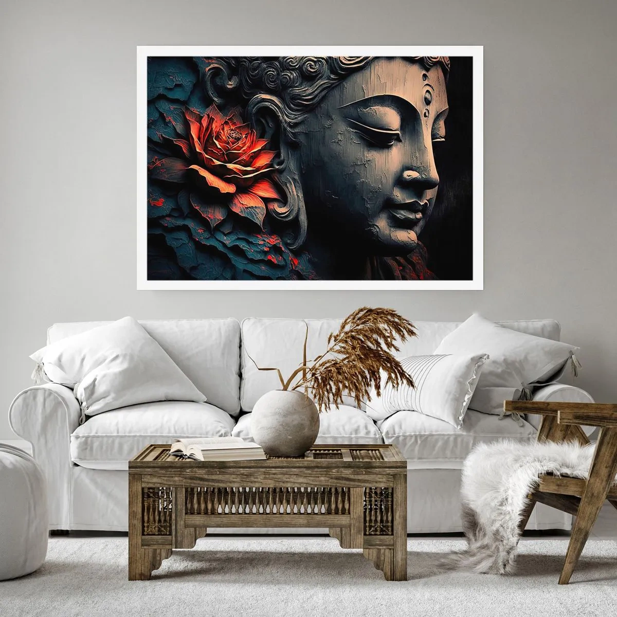 Affiche - Poster - Sculpture de Bouddha avec une fleur de lotus rouge - 100x70cm - En harmonie avec le monde - Décoration murale moderne pour le salon et la chambre ARTTOR