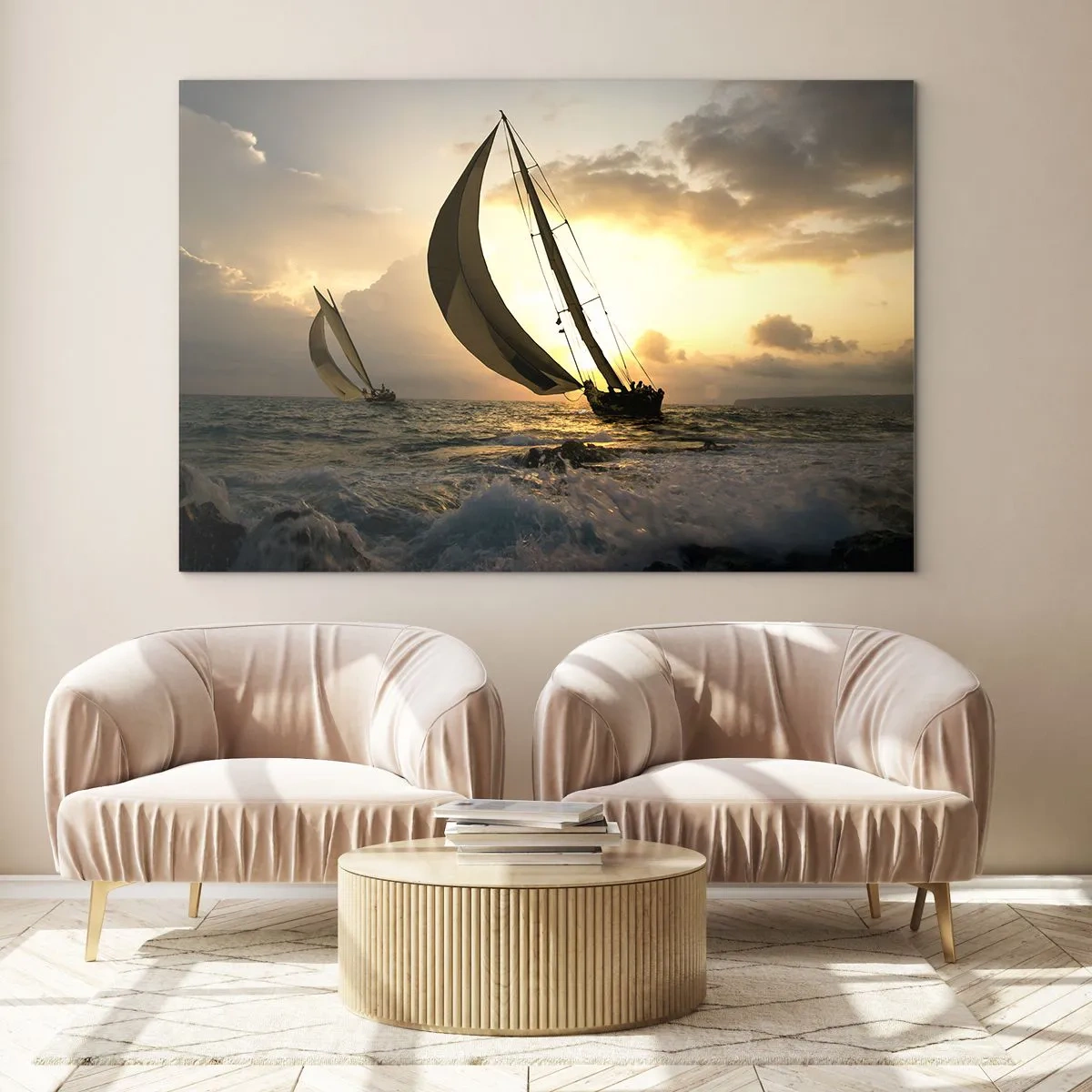 Impression sur verre - Image sur verre - Voiliers dans une mer agitée au coucher du soleil - 120x80cm - Avec le vent et contre le vent - Décoration murale moderne pour le salon et la chambre ARTTOR