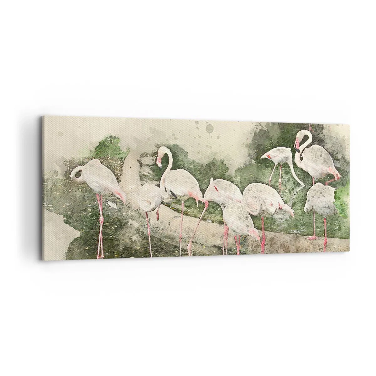 Impression sur toile - Image sur toile - Flamants roses dans leur environnement naturel dans un style aquarelle - 120x50cm - Rêve exotique - Décoration murale moderne pour le salon et la chambre ARTTOR