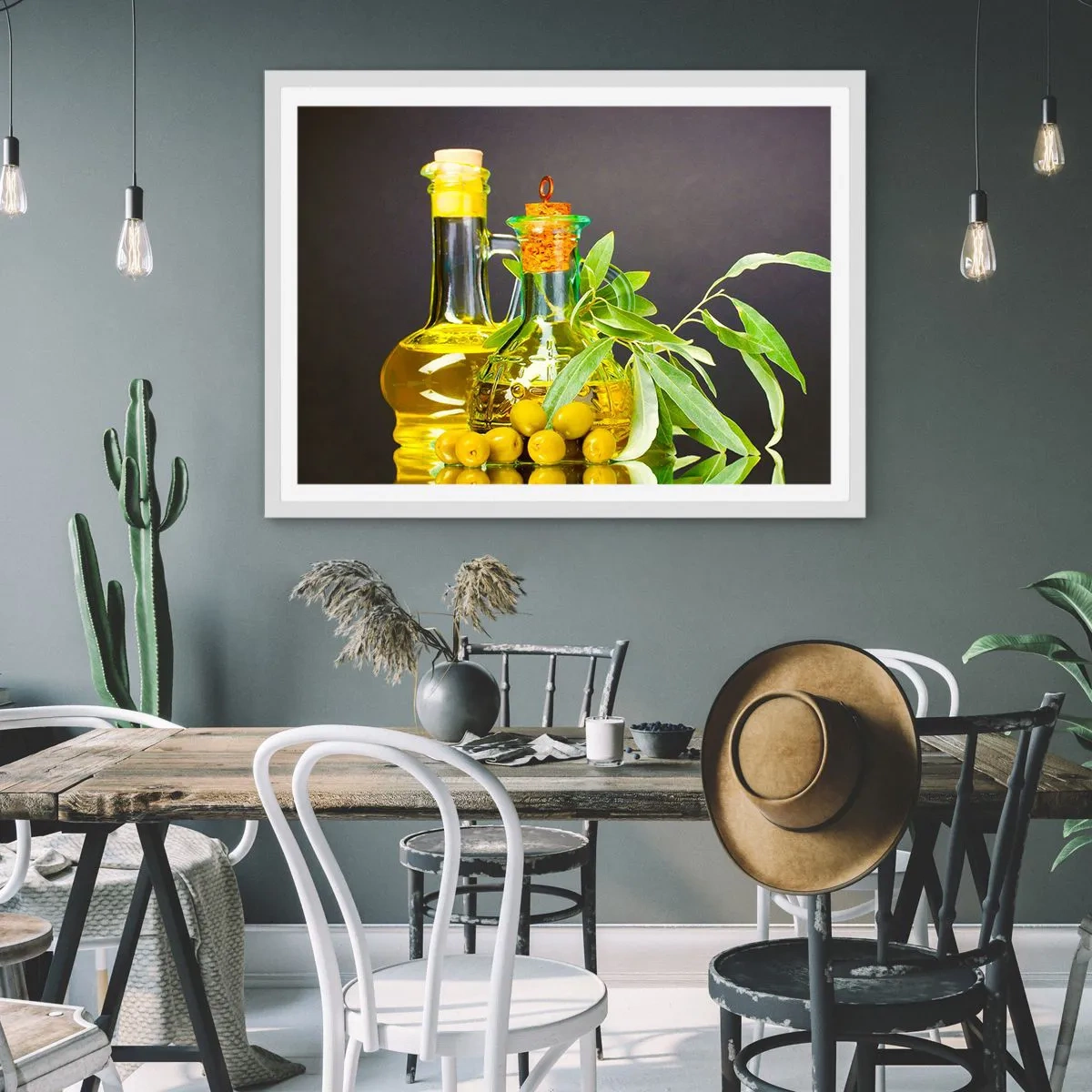 Affiche dans un cadre blanc - Poster - Nature morte aux olives et à l'huile d'olive - 91x61 cm