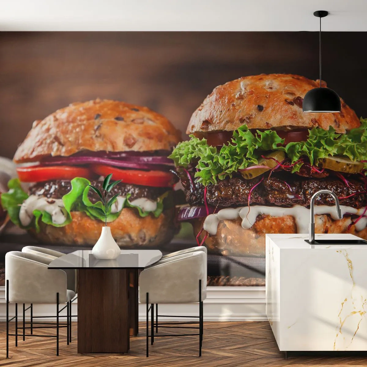 Papier Peint Photo Premium Sand - Des hamburgers appétissants avec de la viande juteuse et des légumes frais - 100x70cm - American dream - Décoration murale moderne pour le salon et la chambre ARTTOR