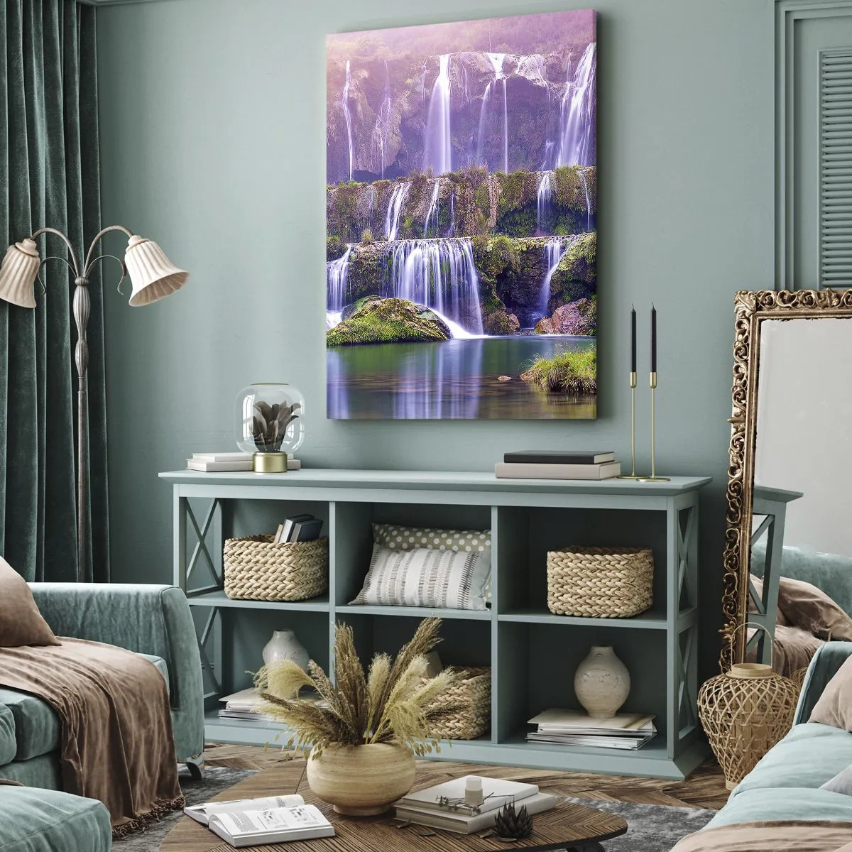 Impression sur toile - Image sur toile - Cascades entourées de verdure avec un éclairage pastel - 70x100cm - Escalier vers le ciel - Décoration murale moderne pour le salon et la chambre ARTTOR