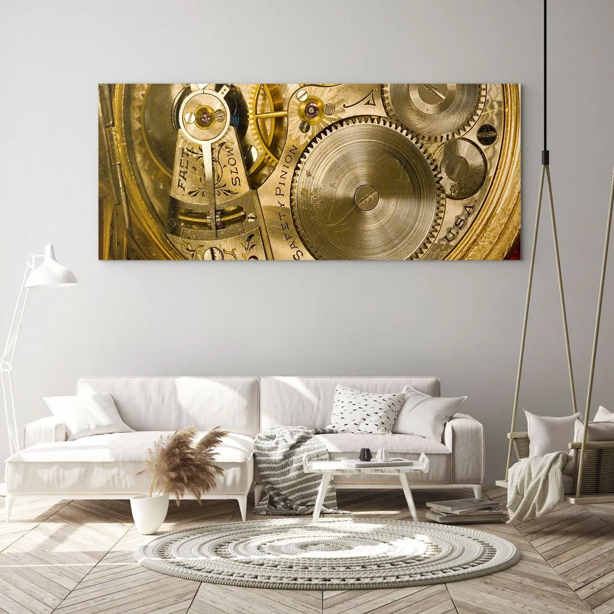 Impression sur verre - Image sur verre - Mécanisme de montre avec engrenages et détails visibles - 120x50cm - Marcher avec son temps - Décoration murale moderne pour le salon et la chambre ARTTOR