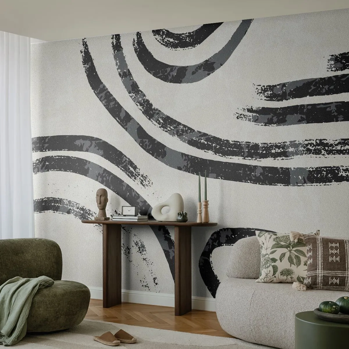 Papier Peint Photo Premium Sand - Lignes graphiques noires sur un fond clair et texturé - 100x70cm - À moitié arrêté - Décoration murale moderne pour le salon et la chambre ARTTOR