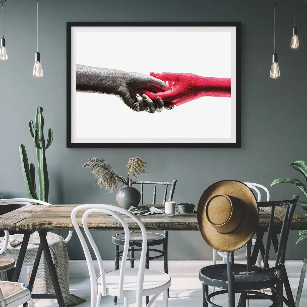 Affiche dans un cadre noir - Poster - Aiguilles symboliques en argent et rouge - 100x70cm - Ensemble, bien que différents - Décoration murale moderne pour le salon et la chambre ARTTOR