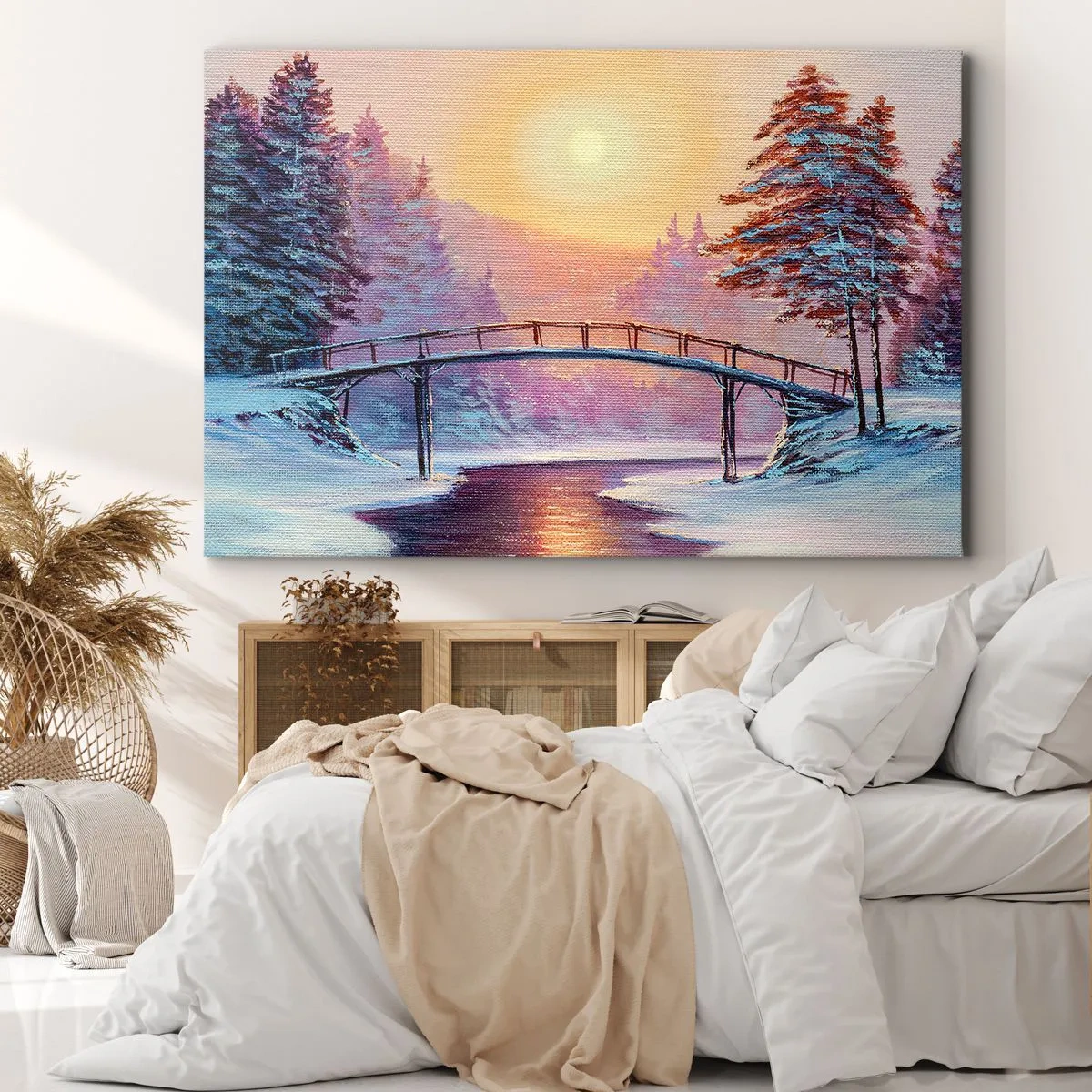 Impression sur toile - Image sur toile - Paysage d'hiver avec un pont illuminé par le coucher du soleil - 70x50cm - Quatre saisons - hiver - Décoration murale moderne pour le salon et la chambre ARTTOR
