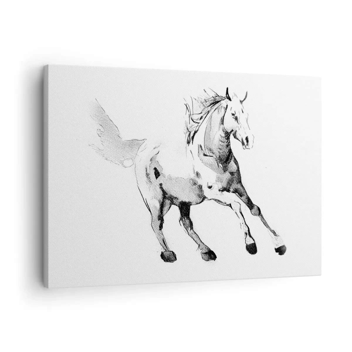 Impression sur toile - Image sur toile - Croquis d'un cheval au galop dans des tons de noir et blanc - 70x50cm - Âme indomptée - Décoration murale moderne pour le salon et la chambre ARTTOR