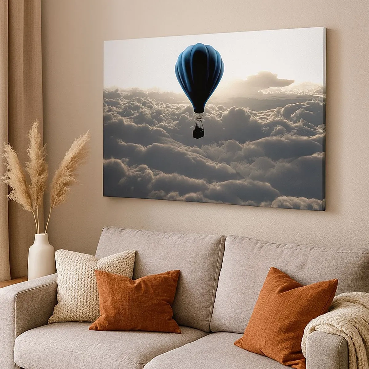 Impression sur toile - Image sur toile - Une montgolfière contre un ciel nuageux au coucher du soleil - 70x50cm - Un vagabond au dessus des nuages - Décoration murale moderne pour le salon et la chambre ARTTOR