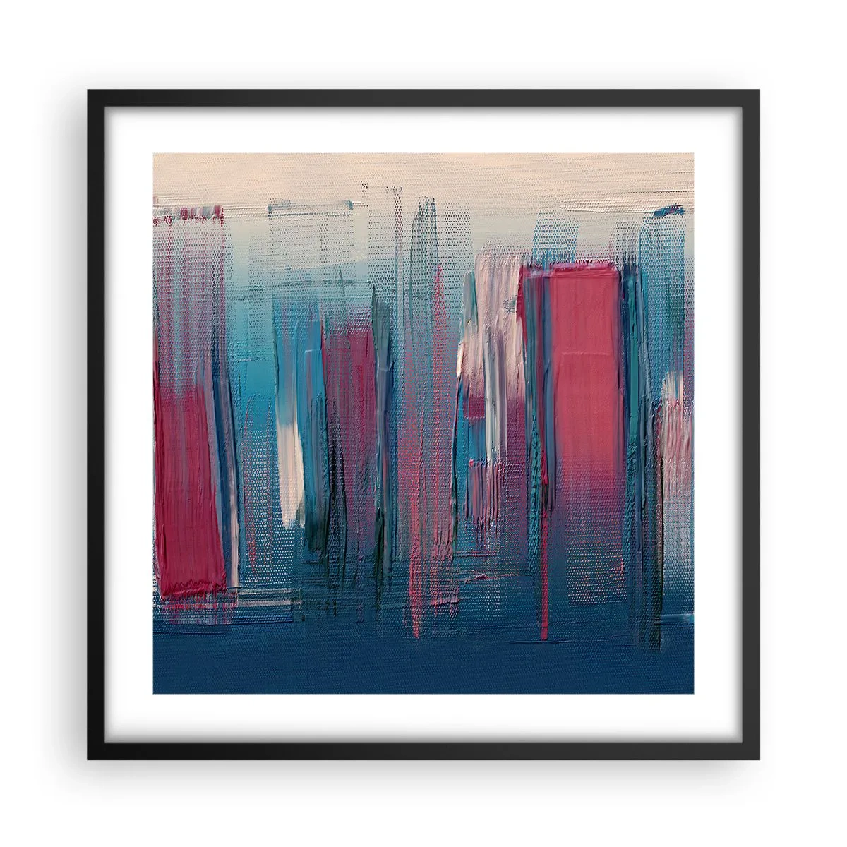 Affiche dans un cadre noir - Poster - Composition verticale en bleu et rouge - 50x50 cm