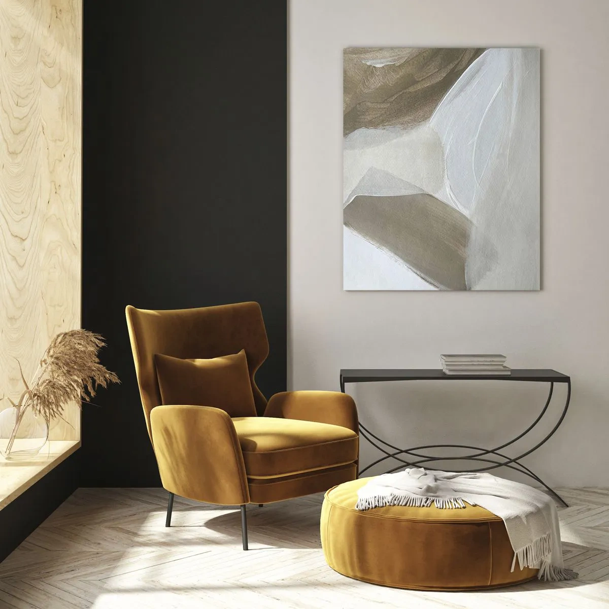 Impression sur verre - Image sur verre - Une abstraction délicate en blanc et beige avec des traits doux. - 50x70cm - Une vague de blanc - Décoration murale moderne pour le salon et la chambre ARTTOR