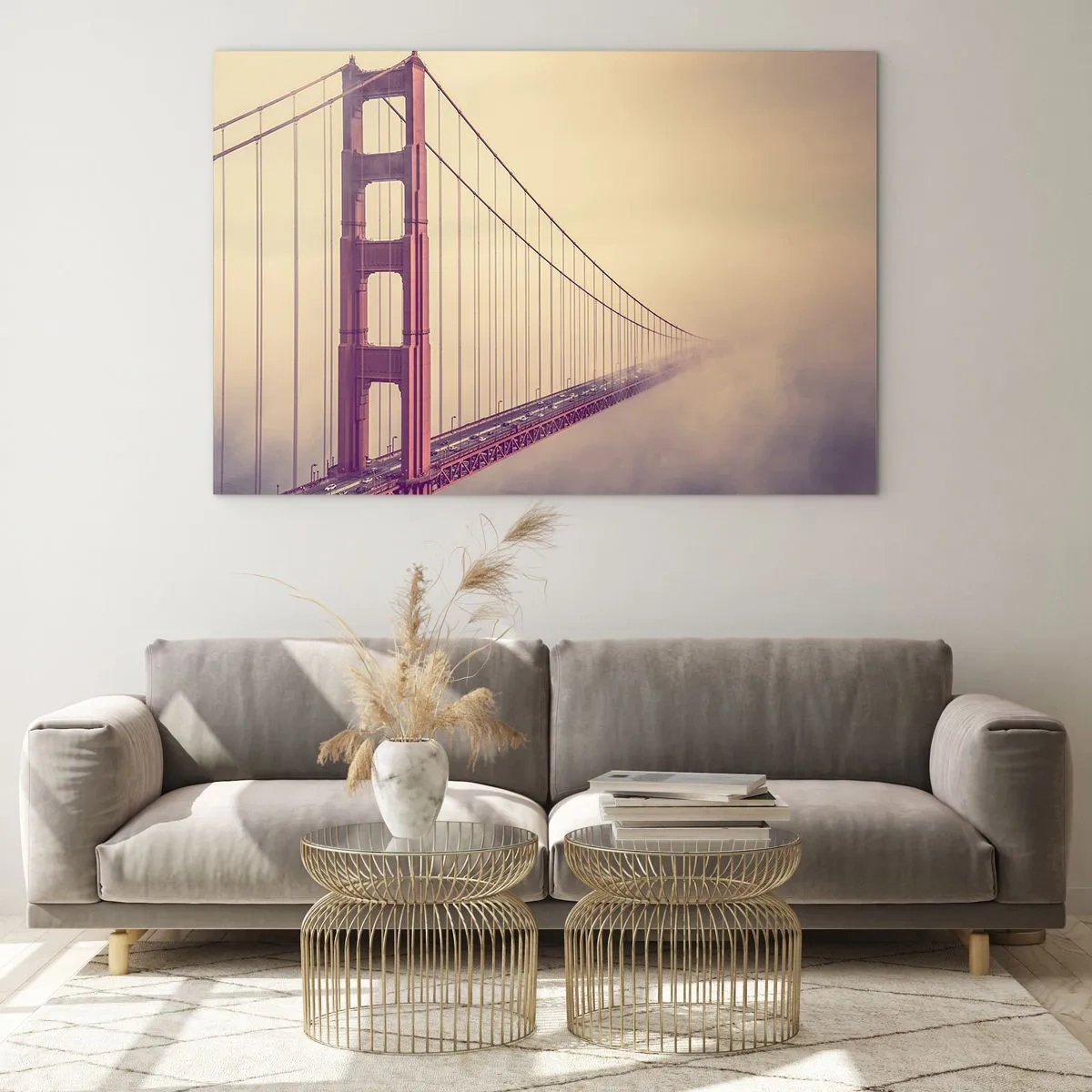 Impression sur verre - Image sur verre - Le Golden Gate Bridge de San Francisco dans un paysage brumeux - 120x80cm - Entre ciel et terre - Décoration murale moderne pour le salon et la chambre ARTTOR