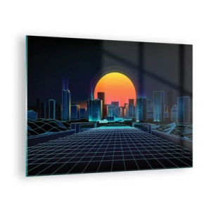 Impression sur verre - Image sur verre - Panorama de la ville futuriste avec coucher de soleil - 70x50cm - Vous voulez toujours passer au réel ? - Décoration murale moderne pour le salon et la chambre ARTTOR