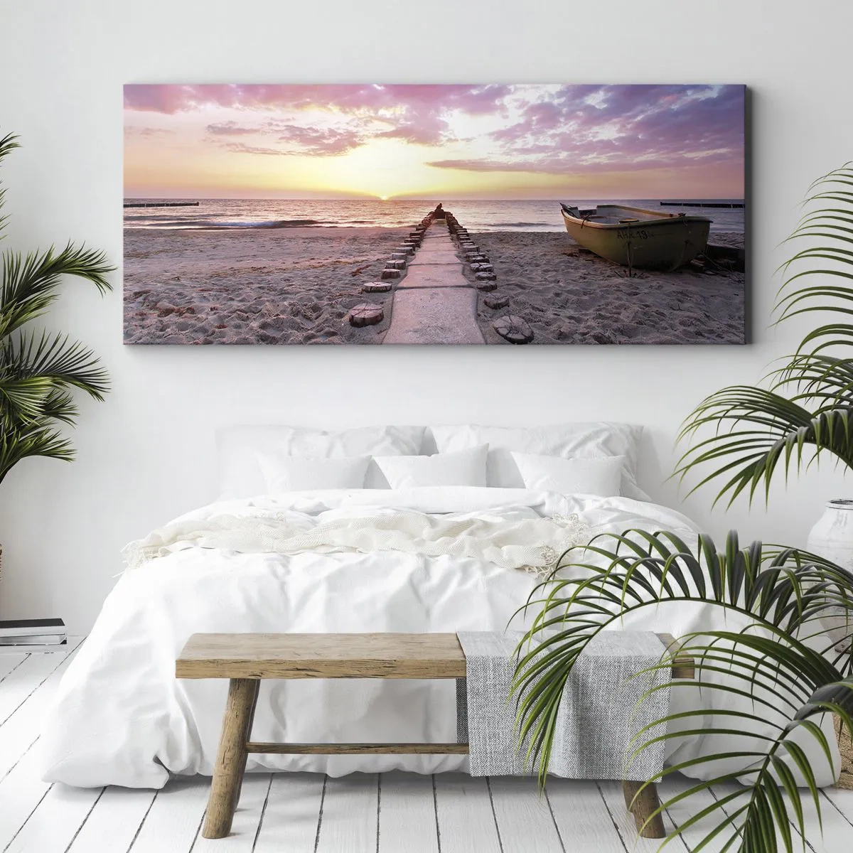 Impression sur toile - Image sur toile - Plage au lever du soleil avec bateau et jetée - 160x50cm - Moment d'expérience profonde - Décoration murale moderne pour le salon et la chambre ARTTOR