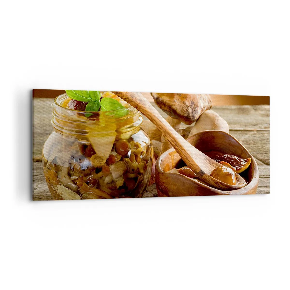 Impression sur toile - Image sur toile - Champignons naturels dans un bocal sur une table rustique - 120x50cm - Que ce soit frais ou salé, ou en automne... - Décoration murale moderne pour le salon et la chambre ARTTOR