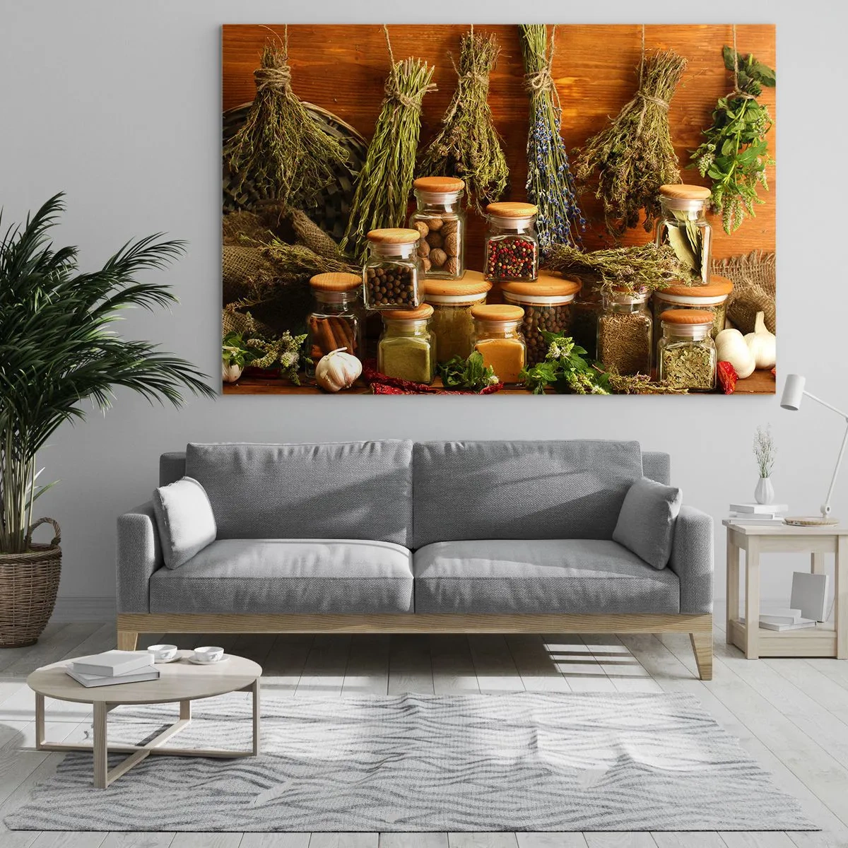 Impression sur verre - Image sur verre - Herbes et épices en pots sur fond de bois - 70x50cm - Sortilèges de cuisine - Décoration murale moderne pour le salon et la chambre ARTTOR
