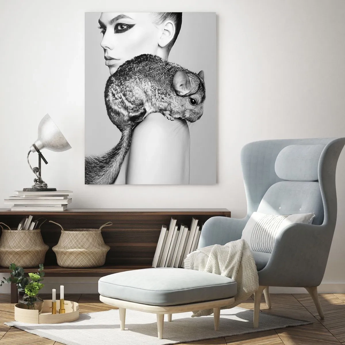 Impression sur verre - Image sur verre - Portrait d'une femme avec un chinchilla en noir et blanc - 50x70cm - Dame au chinchilla - Décoration murale moderne pour le salon et la chambre ARTTOR