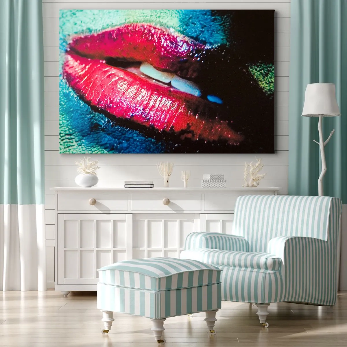 Impression sur toile - Image sur toile - Gros plan de lèvres colorées et brillantes sur un fond artistique - 120x80cm - Sensuel et dérangeant - Décoration murale moderne pour le salon et la chambre ARTTOR