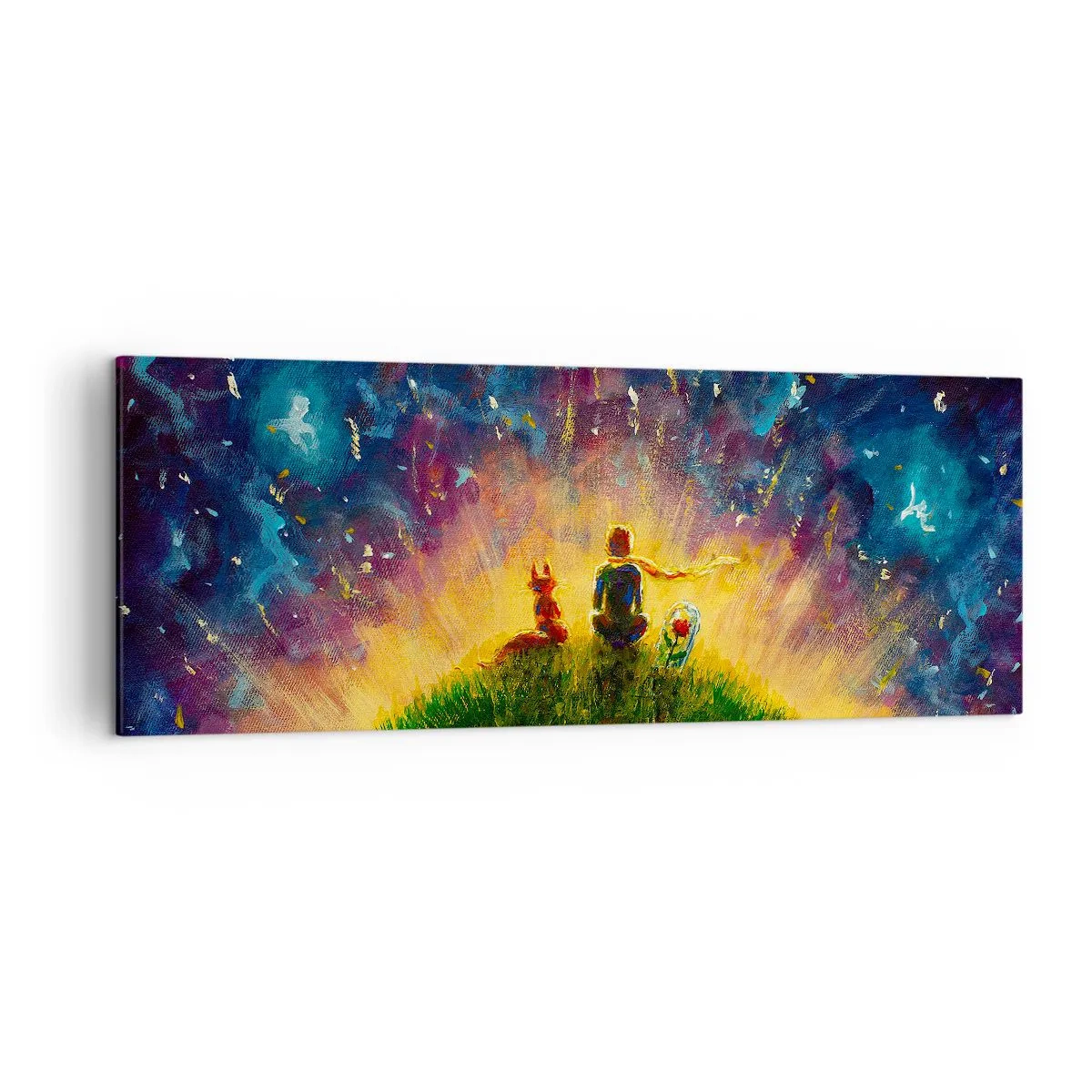 Impression sur toile - Image sur toile - Personnages sur une colline verdoyante entourée d'un ciel étoilé - 140x50cm - Amour et amitié - le monde entier - Décoration murale moderne pour le salon et la chambre ARTTOR