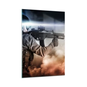 Impression sur verre - Image sur verre - Un soldat en action tirant avec un fusil sur fond de fumée. - 50x70cm - Tout simplement un héros - Décoration murale moderne pour le salon et la chambre ARTTOR
