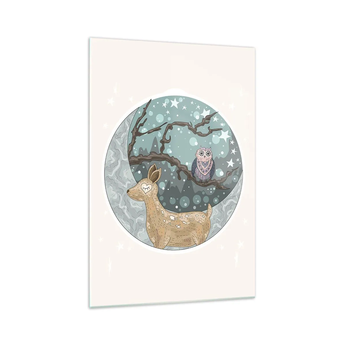 Impression sur verre - Image sur verre - Un cerf et un hibou dans un paysage nocturne de conte de fées - 70x100cm - Une nuit de conte de fées en forêt  - Décoration murale moderne pour le salon et la chambre ARTTOR