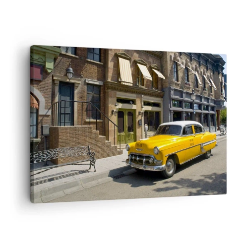 Impression sur toile - Image sur toile - Un taxi jaune dans une rue bordée d'immeubles - 70x50cm - Il y a longtemps en Amérique - Décoration murale moderne pour le salon et la chambre ARTTOR