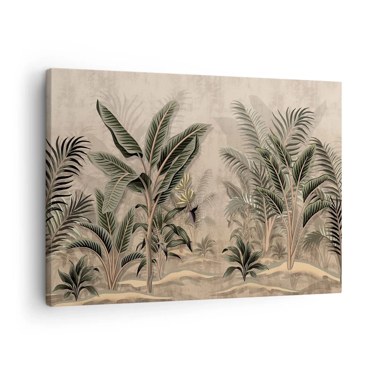 Impression sur toile - Image sur toile - Palmiers et végétation tropicale dans des tons verts sur fond beige - 70x50cm - Une gravure de style colonial - Décoration murale moderne pour le salon et la chambre ARTTOR