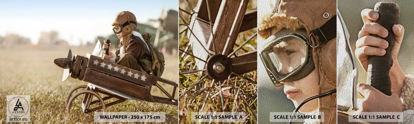 Échantillon de Papier Peint Premium Sand - Départ vers un rêve - Garçon, Avion, Ancien - 100x30 cm