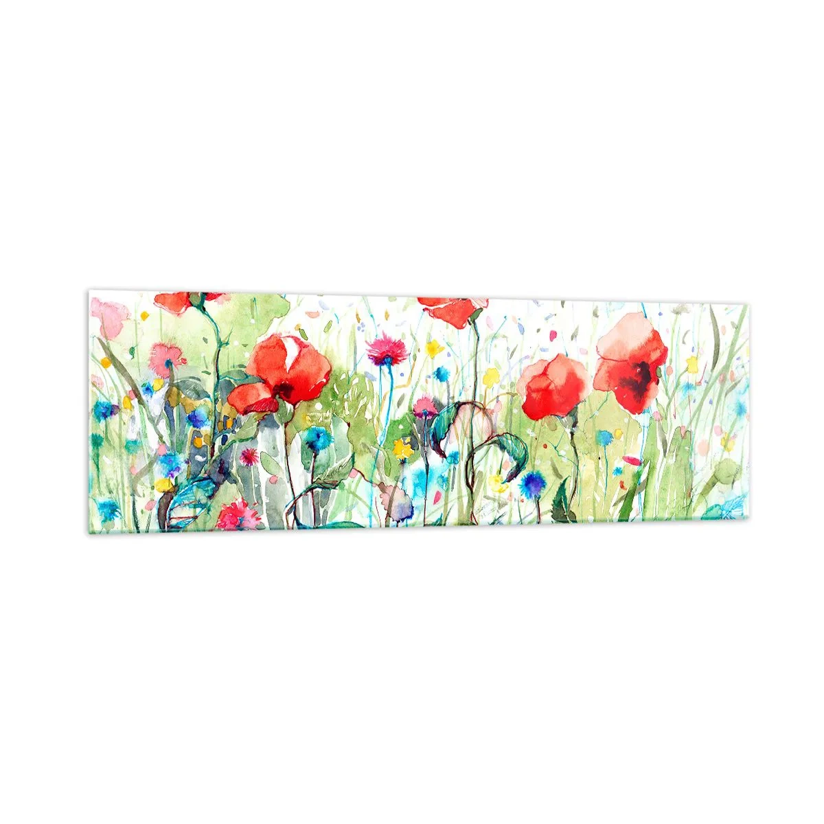 Impression sur verre - Image sur verre - Une prairie avec des coquelicots rouges et des fleurs colorées à l'aquarelle - 160x50cm - Prairie de fleurs en mai - Décoration murale moderne pour le salon et la chambre ARTTOR